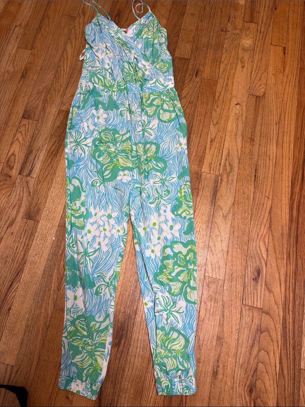 Floral Green & Blue Spaghetti-Strap Jumpsuit